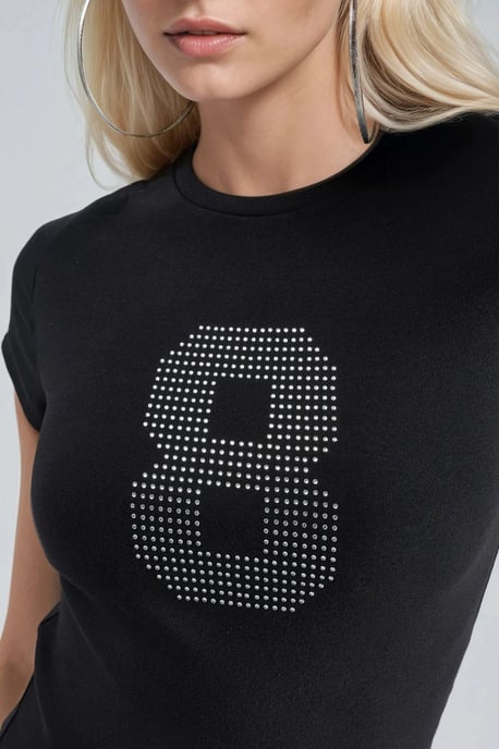 Kortärmad stretchstickad t-shirt med stendetalj - Image 5