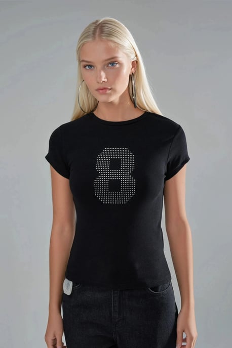 Kortärmad stretchstickad t-shirt med stendetalj - Image 6
