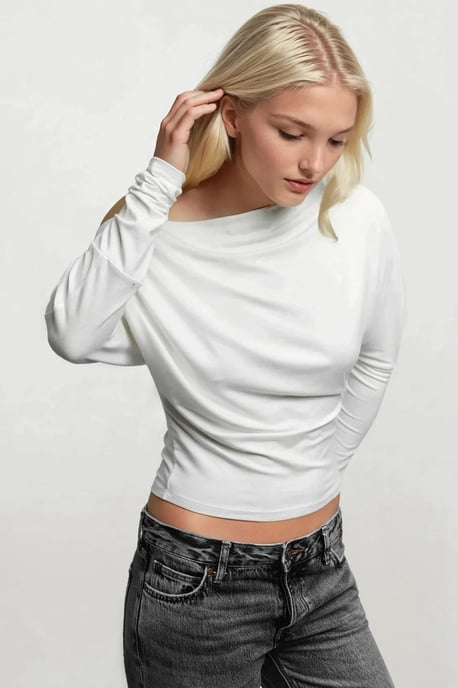 Asymmetrische Kraag Lange Mouw Elastische Gebreide T-shirt - Image 2