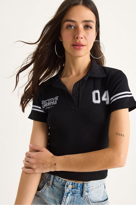 Geprinte Polo Kraag Aansluitende Korte T-Shirt - Image 1