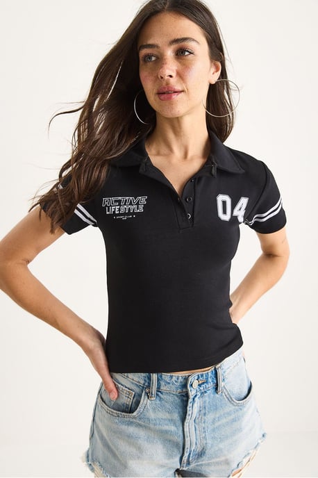 Geprinte Polo Kraag Aansluitende Korte T-Shirt - Image 2