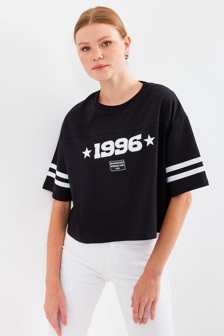 Överdimensionerad Crew Neck Crop T-shirt med Motto Tryck - Image 3