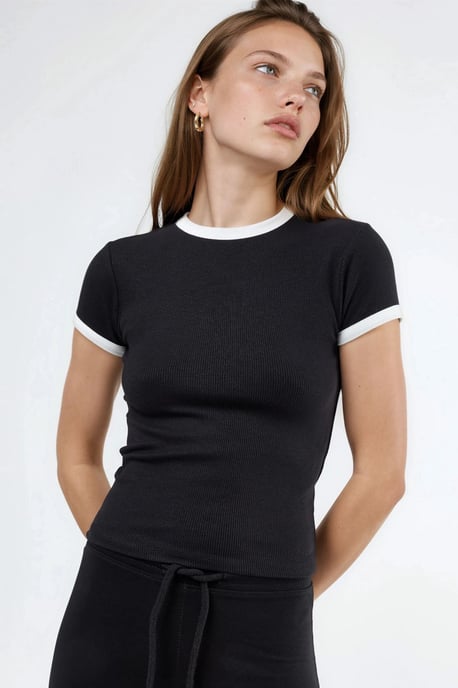 Geribbelde Crew Neck Korte Mouwen T-Shirt - Image 1