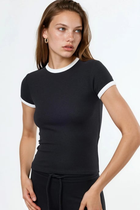 Geribbelde Crew Neck Korte Mouwen T-Shirt - Image 2