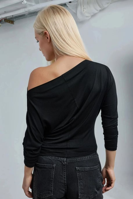 Asymmetrische Kraag Lange Mouw Elastische Gebreide T-Shirt - Image 3