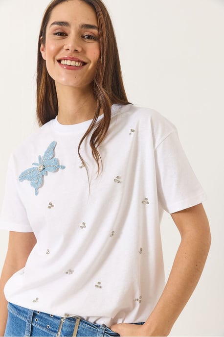 Broderad T-shirt med rund hals - Image 2