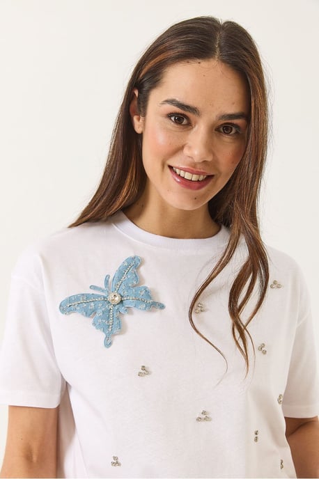 Broderad T-shirt med rund hals - Image 3