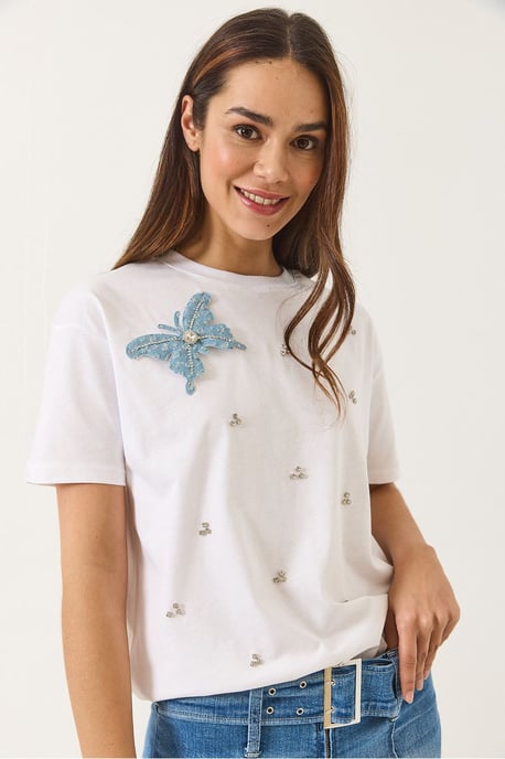 Broderad T-shirt med rund hals - Image 4