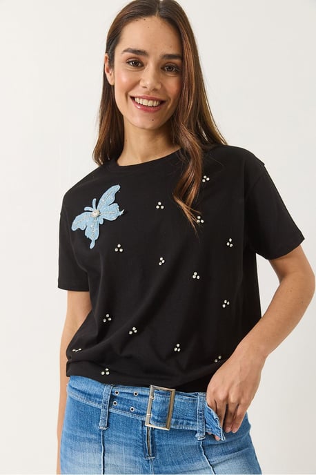 Broderad T-shirt med rund hals - Image 2