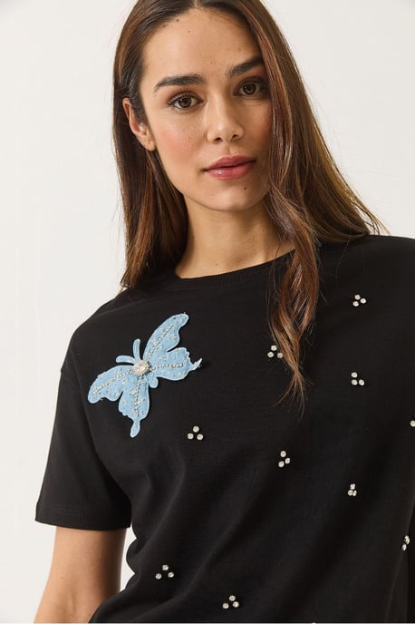 Broderad T-shirt med rund hals - Image 3