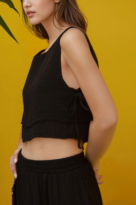 Elastische Taille Rok-Zijden Strik Detail Blouse Muslin Set - Image 2