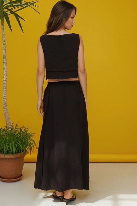 Elastische Taille Rok-Zijden Strik Detail Blouse Muslin Set - Image 3
