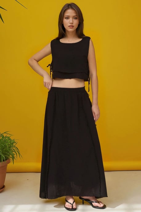 Elastische Taille Rok-Zijden Strik Detail Blouse Muslin Set - Image 4