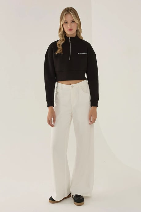 Zipper Collar Crop Slogan Sweatshirt - Image 2