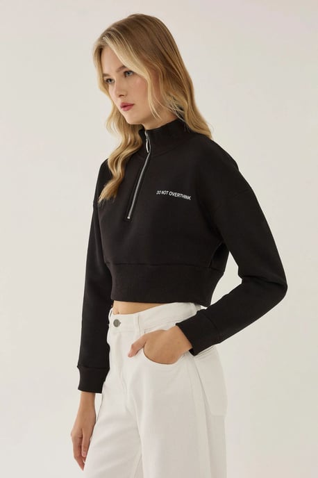 Zipper Collar Crop Slogan Sweatshirt - Image 3
