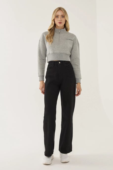 Zipper Collar Crop Slogan Sweatshirt - Image 2