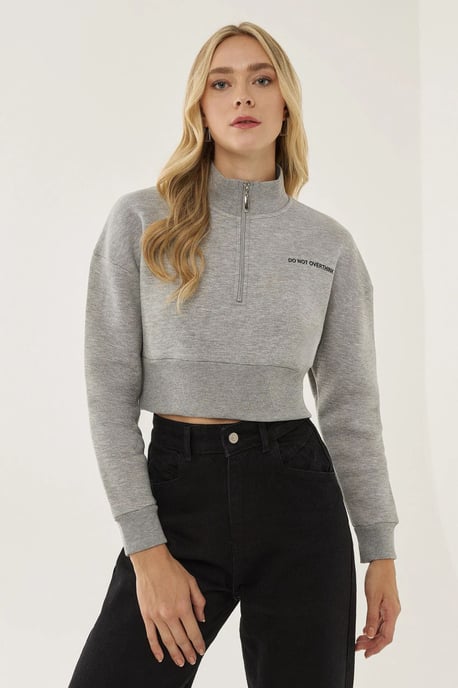 Zipper Collar Crop Slogan Sweatshirt - Image 3
