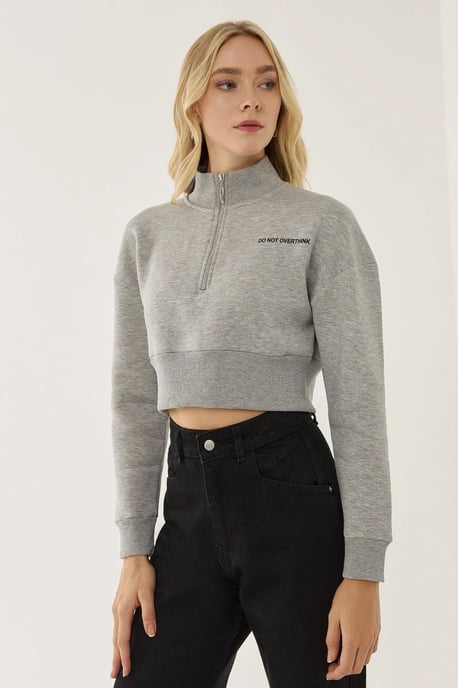 Zipper Collar Crop Slogan Sweatshirt - Image 4