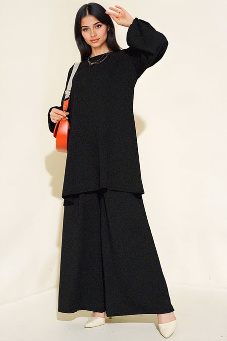 Textured Lange Mouwen Tuniek en Brede Pantalon Set - Image 1