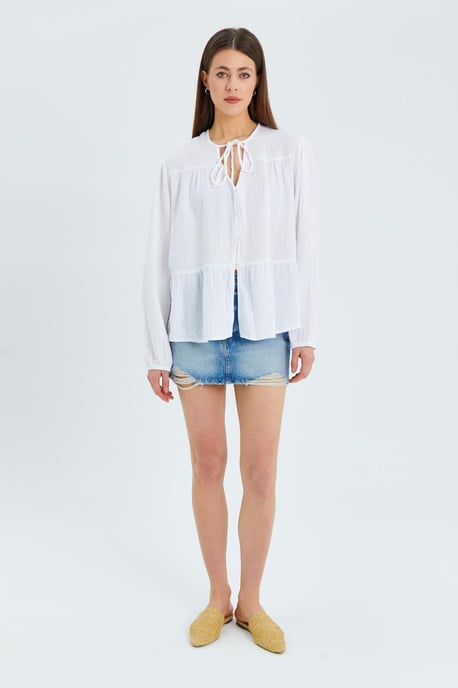 Long Sleeve Relaxed Fit Blouse with Tie-Neck - Image 2