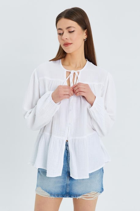 Long Sleeve Relaxed Fit Blouse with Tie-Neck - Image 3