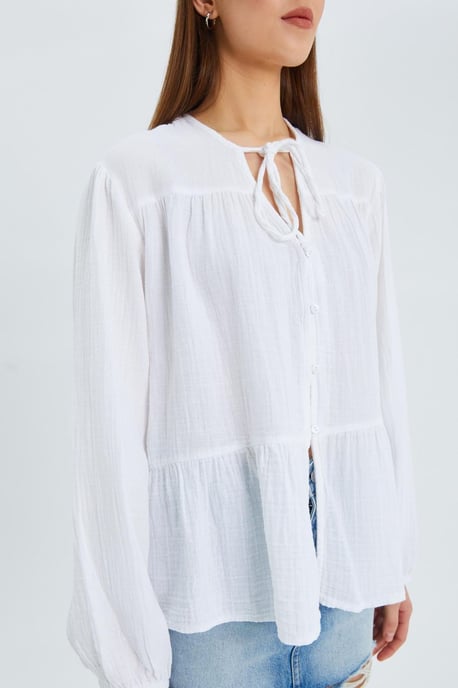 Long Sleeve Relaxed Fit Blouse with Tie-Neck - Image 4