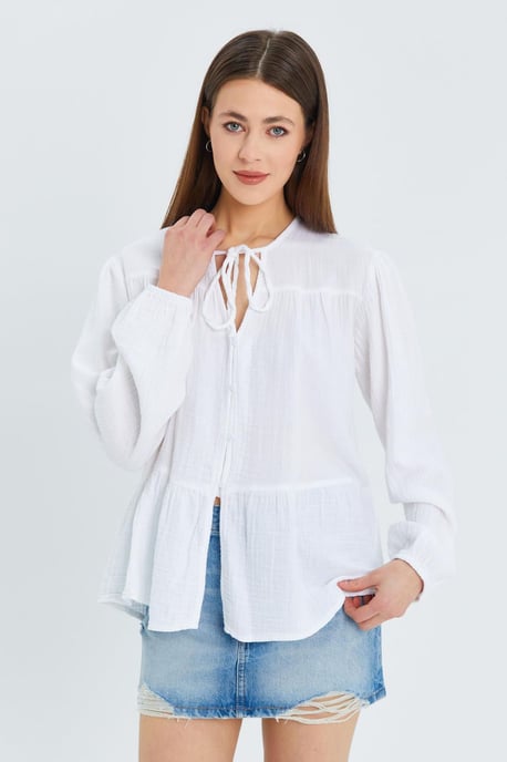 Long Sleeve Relaxed Fit Blouse with Tie-Neck - Image 5