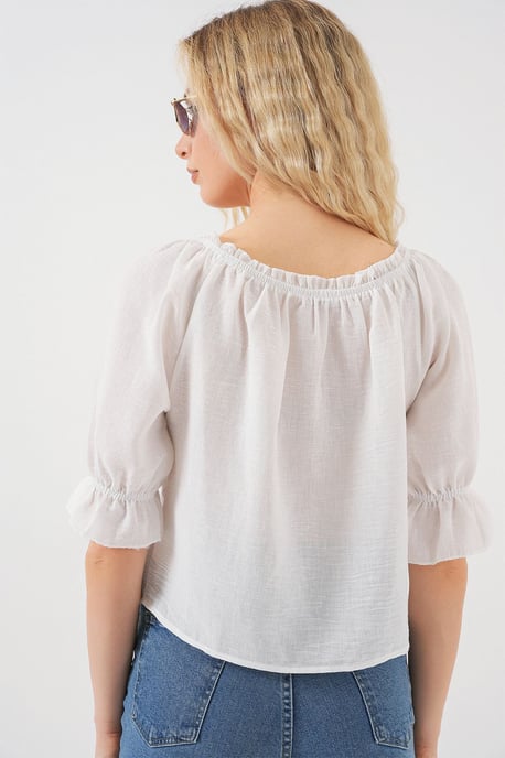 Getextureerde Bootneck Crop Blouse met Pompom Detail - Image 6