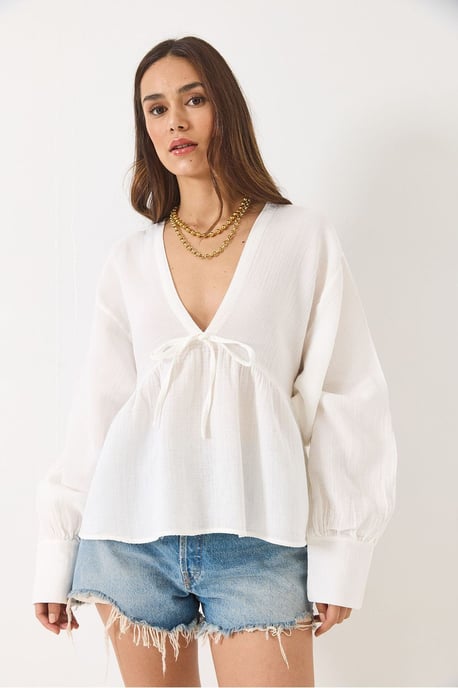 Textured V-hals Crop Blouse met Strik - Image 2
