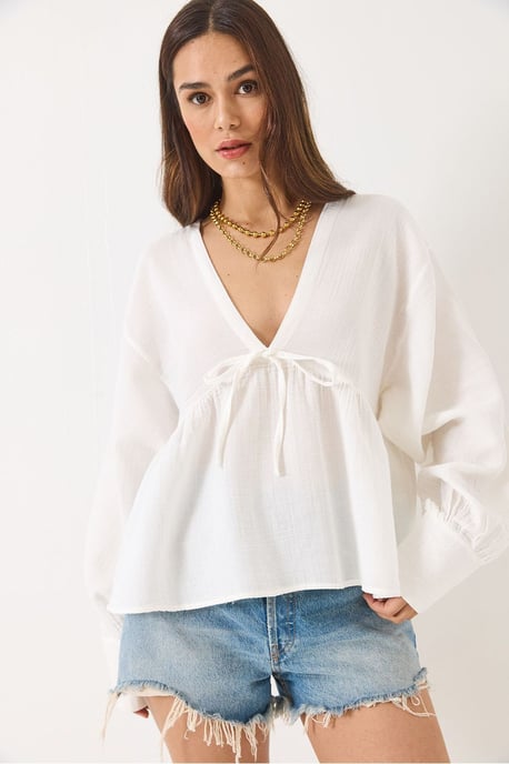 Textured V-hals Crop Blouse met Strik - Image 3