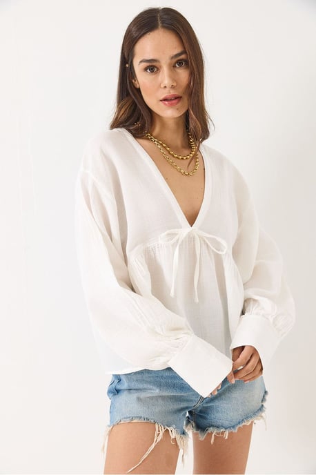 Textured V-hals Crop Blouse met Strik - Image 4