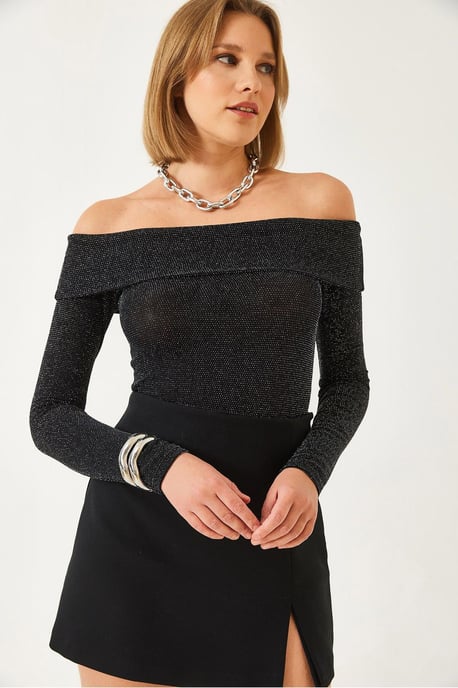 Uppsittande Fitted Textured Blus med Lurexdetalj - Image 3