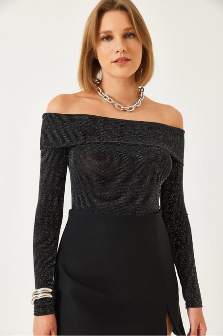 Uppsittande Fitted Textured Blus med Lurexdetalj - Image 4