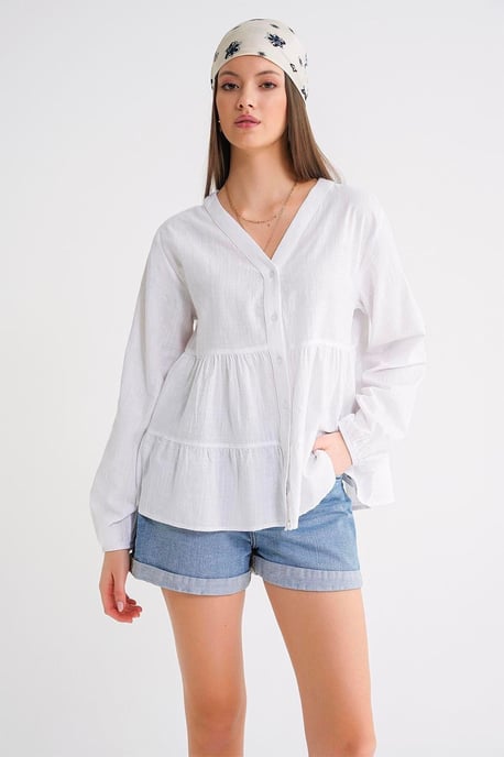 Long Sleeve Tiered V-Neck Blouse - Image 1