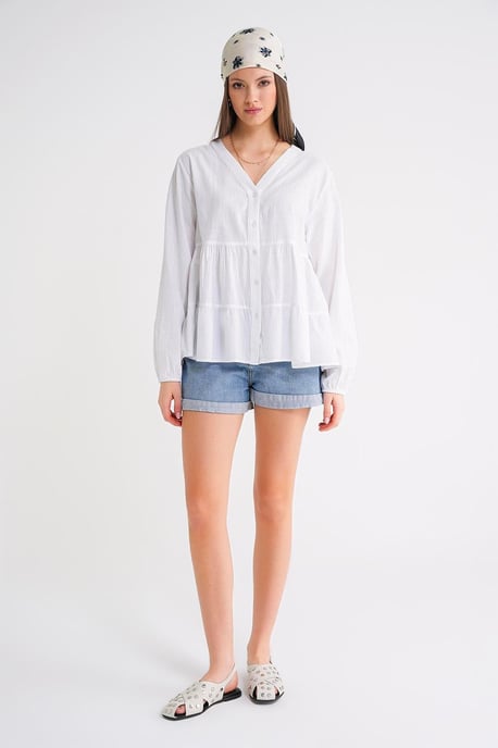Long Sleeve Tiered V-Neck Blouse - Image 2