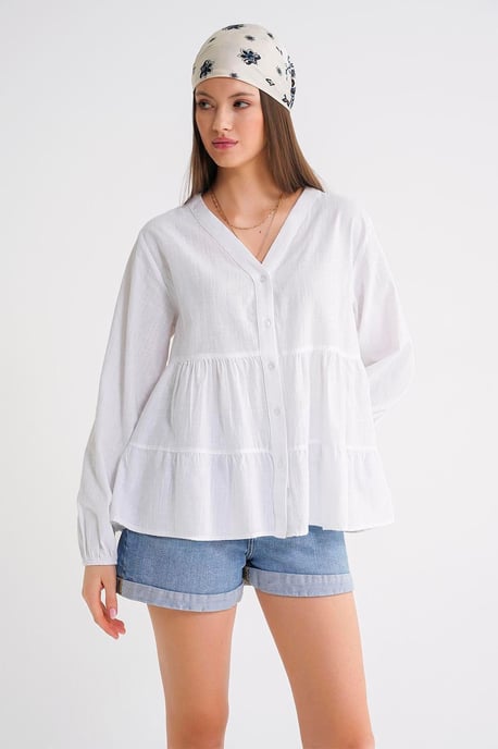 Long Sleeve Tiered V-Neck Blouse - Image 3