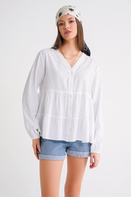 Long Sleeve Tiered V-Neck Blouse - Image 4