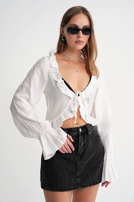 Froufrou V-hals Lange Mouw Crop Blouse - Image 3
