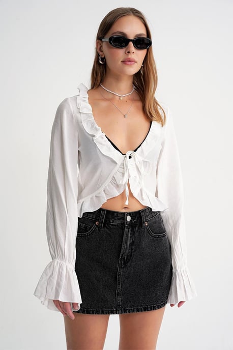 Froufrou V-hals Lange Mouw Crop Blouse - Image 4