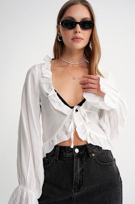 Froufrou V-hals Lange Mouw Crop Blouse - Image 5
