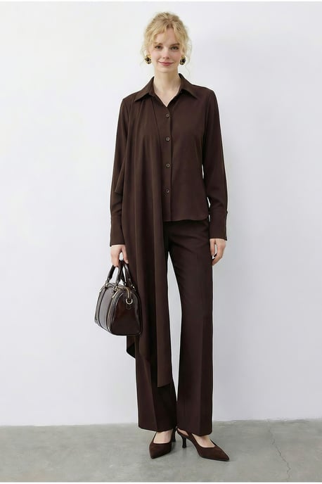 Sjaal Gedetailleerde Blouse en Hoge Taille Wijde Broek Twee-Piece Set - Image 2