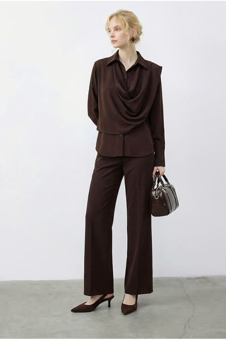 Sjaal Gedetailleerde Blouse en Hoge Taille Wijde Broek Twee-Piece Set - Image 3