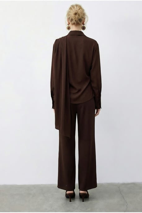 Sjaal Gedetailleerde Blouse en Hoge Taille Wijde Broek Twee-Piece Set - Image 5