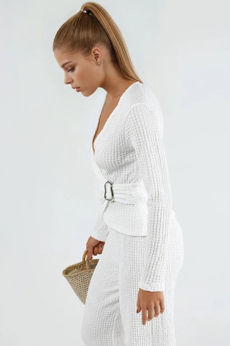 Textured V-Neck Wrap Top with Belt - Image 2