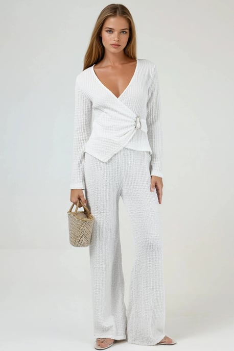 Textured V-Neck Wrap Top with Belt - Image 3