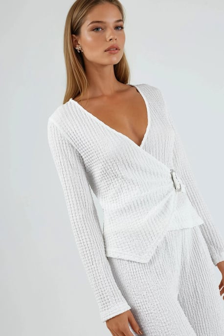 Textured V-Neck Wrap Top with Belt - Image 4