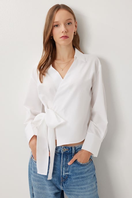Double Breasted Poplin Blouse with Tie Detail - Image 2