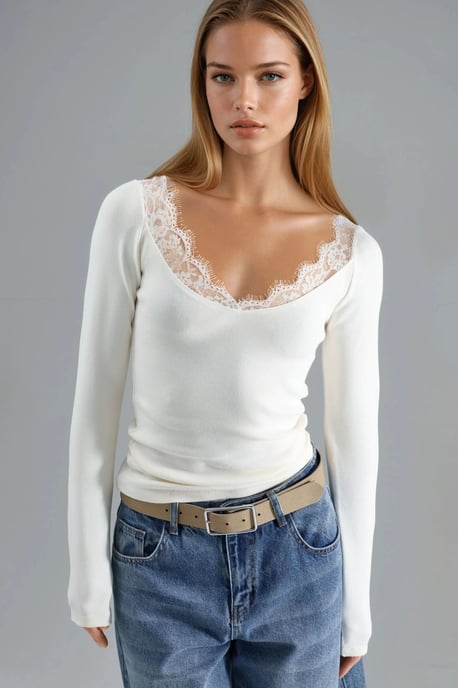 Kant Gedetailleerde V-Hals Blouse - Image 1