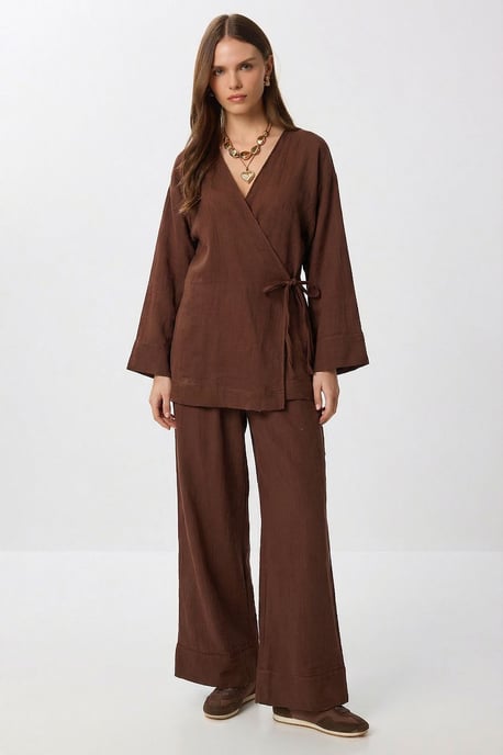 High Waist Wide Leg Pants & V-Neck Tie Detail Blouse Co-ord Set - Image 2