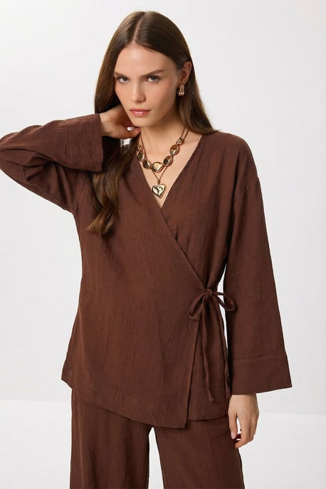 High Waist Wide Leg Pants & V-Neck Tie Detail Blouse Co-ord Set - Image 3